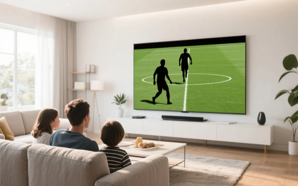 大屏观赛场景示意：电视观看足球比赛