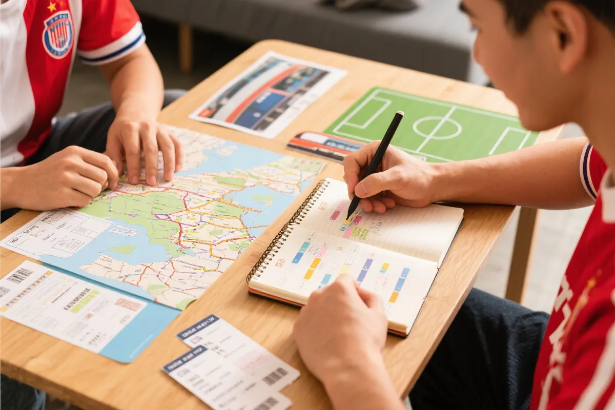 球迷在笔记本上规划赛程与住宿，地图与车票元素，干净明亮的旅行规划场景